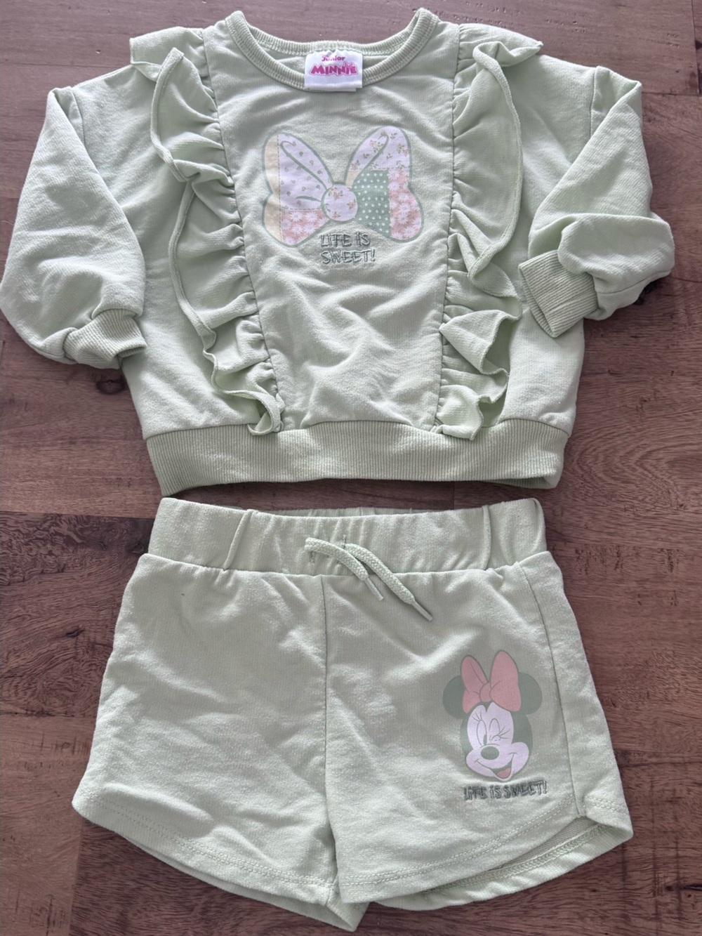 Disney Mint Green Minnie Ruffle Sweatshirt & Shorts Set life is sweet sz 2